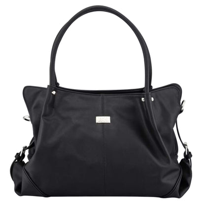 Isoki Anakie Satchel Nappy Bag in Onyx showing smooth black vegan leather finish with twin handles, silver hardware and structured silhouette.