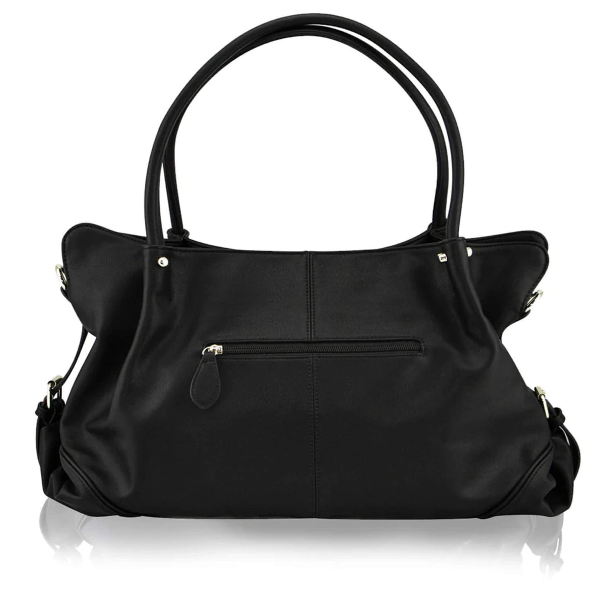 Back view of black vegan leather satchel featuring zip pocket, double handles and adjustable side straps with silver fittings.