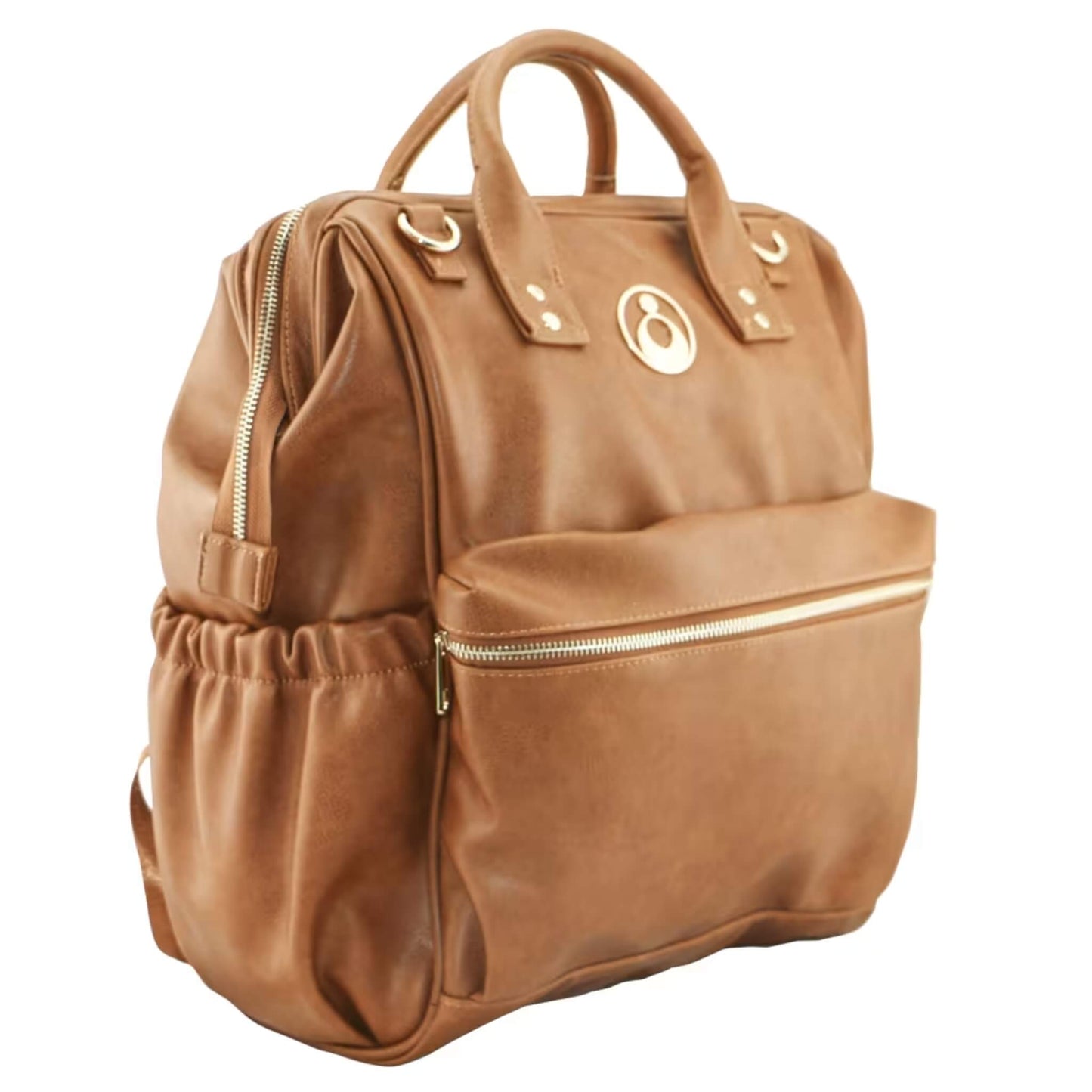 Angled side view of tan vegan leather backpack showing roomy front pocket, elasticated side pouch and smooth wipe-clean finish.