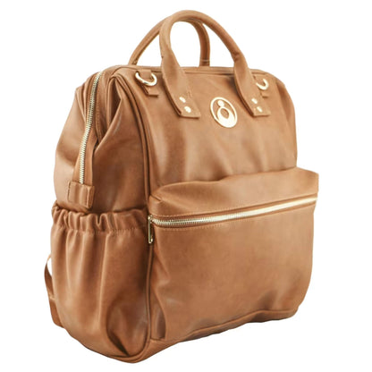 Angled side view of tan vegan leather backpack showing roomy front pocket, elasticated side pouch and smooth wipe-clean finish.