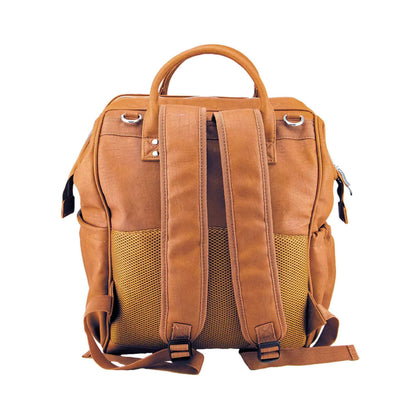 Back view of tan changing backpack with padded shoulder straps, breathable mesh panel and sturdy top handle.