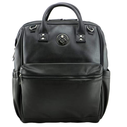 Isoki Byron Backpack Changing Bag in Onyx showing sleek black vegan leather design with silver hardware and front zip pocket.