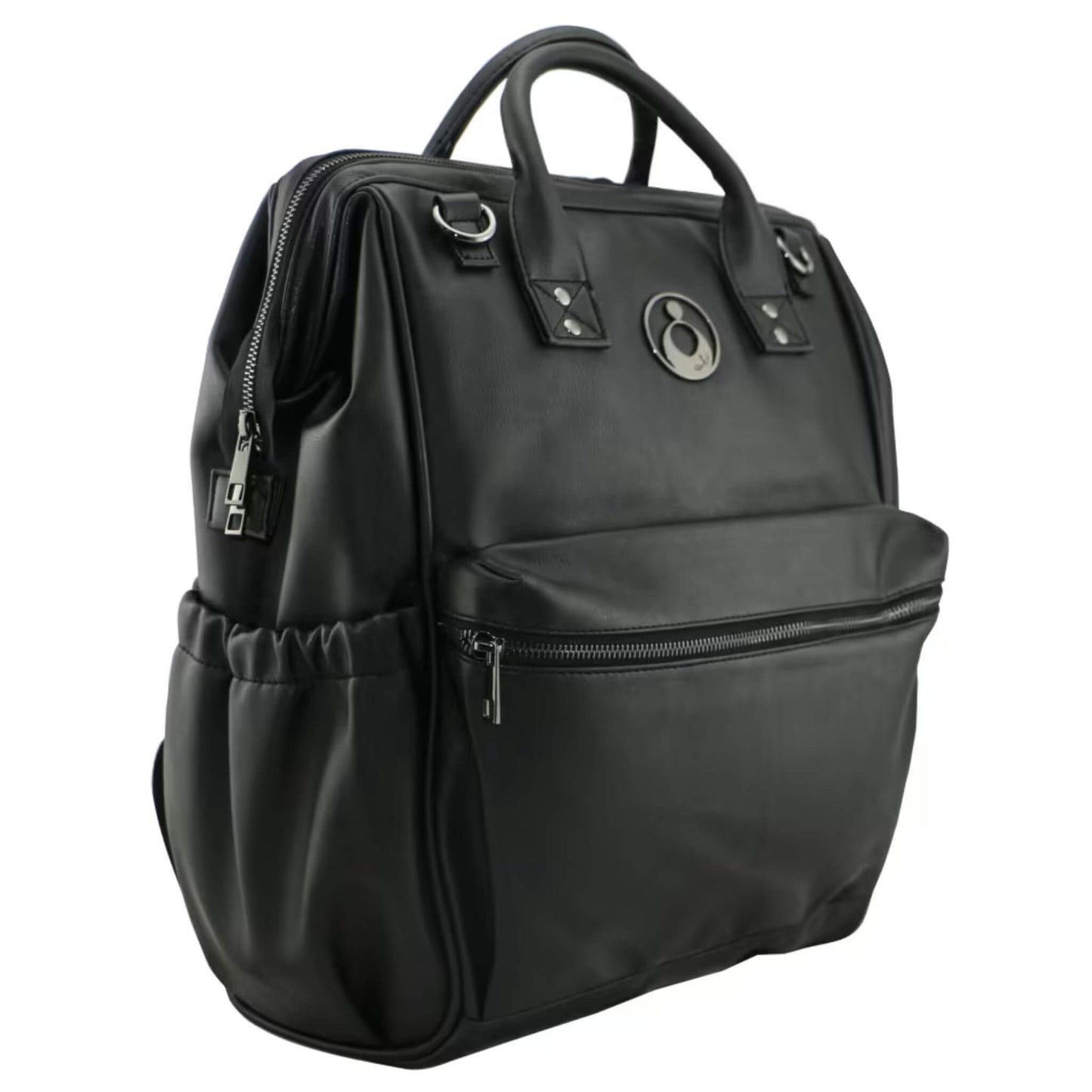 Angled side view of black vegan leather backpack featuring roomy front pocket, elasticated side pouch and premium zip detailing.