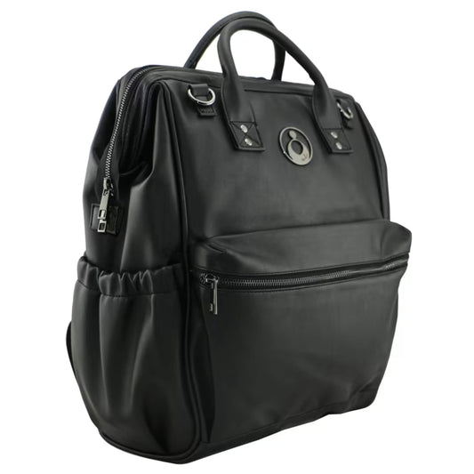 Angled side view of black vegan leather backpack featuring roomy front pocket, elasticated side pouch and premium zip detailing.