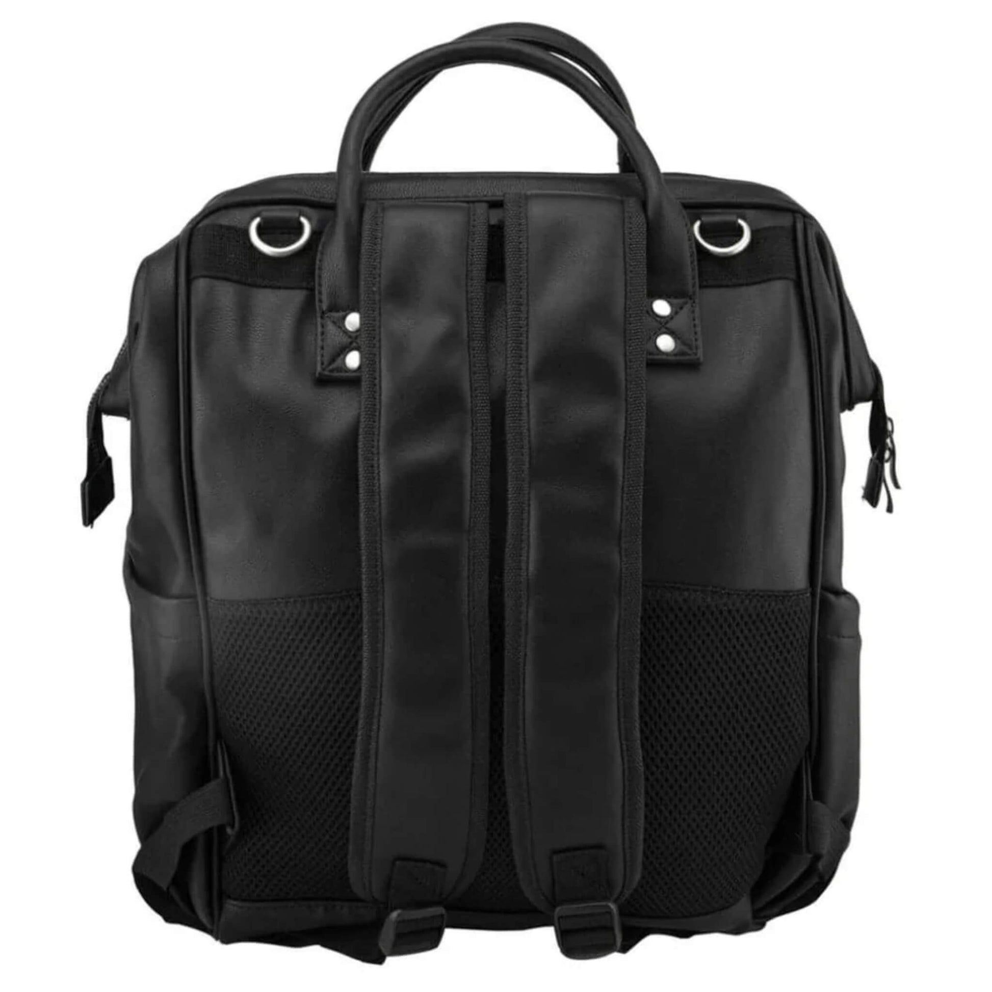 Back view of black changing backpack showing padded adjustable straps, breathable mesh panel and strong top handle.