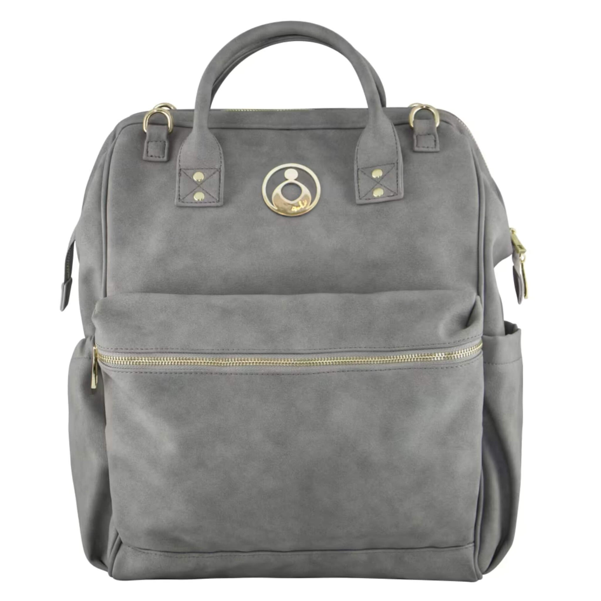 Isoki Byron Backpack Changing Bag in Stone showing structured design in soft grey vegan leather with gold hardware and front zip pocket.