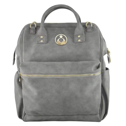 Isoki Byron Backpack Changing Bag in Stone showing structured design in soft grey vegan leather with gold hardware and front zip pocket.