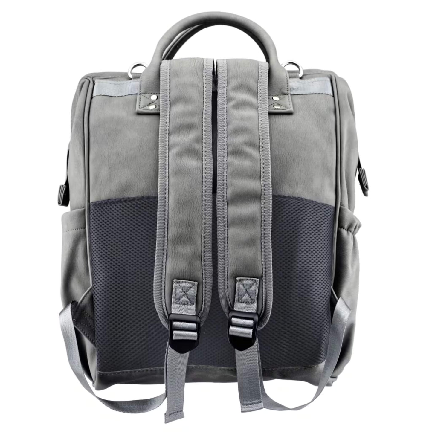 Back view of grey backpack showing padded adjustable shoulder straps, breathable mesh panel and sturdy top handle.