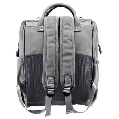 Back view of grey backpack showing padded adjustable shoulder straps, breathable mesh panel and sturdy top handle.