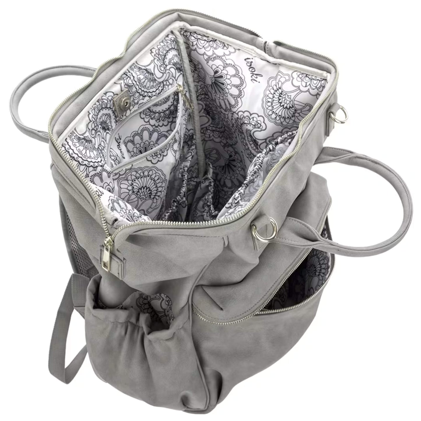 Open top view of grey changing backpack revealing wide hinged opening, patterned wipe-clean lining and multiple inner pockets for easy organisation.