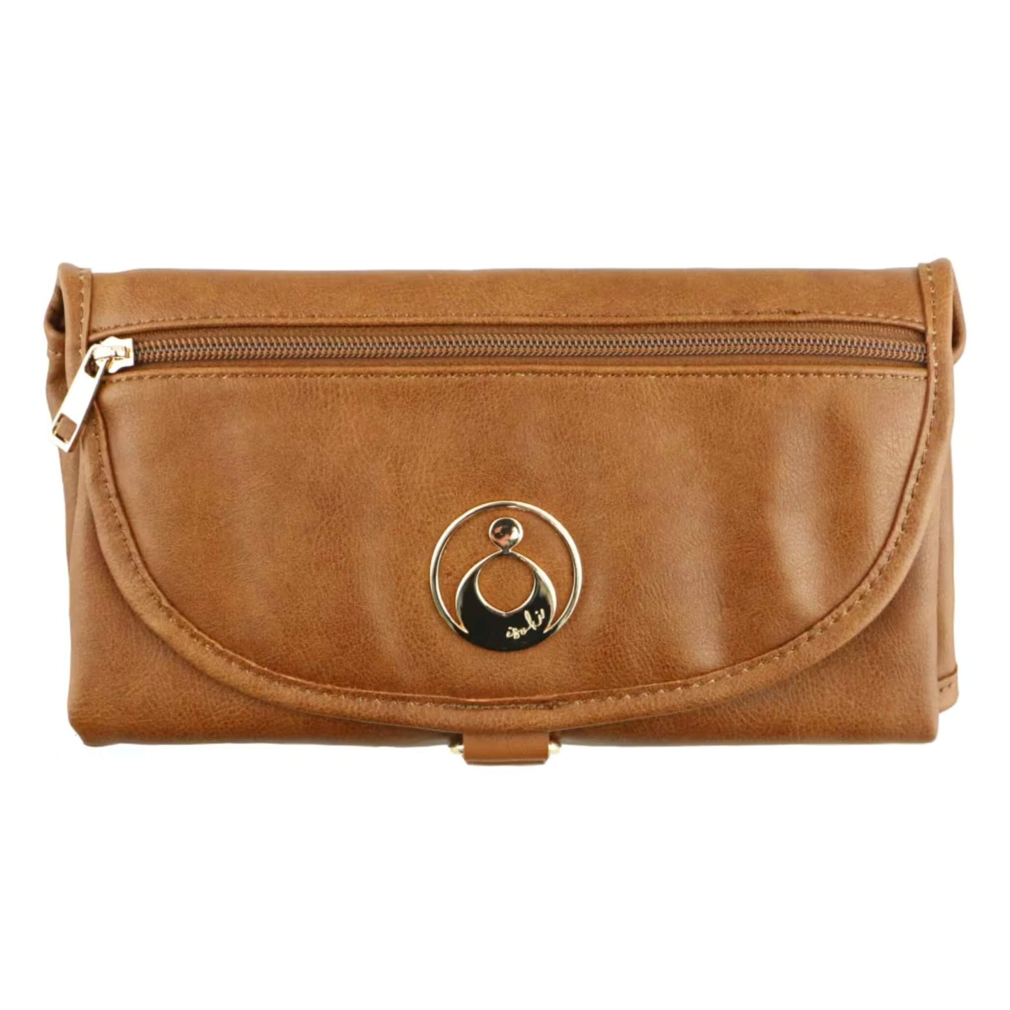 Isoki Change Mat Clutch in Amber, folded neatly with zip pocket and metal brand plate visible on the front.
