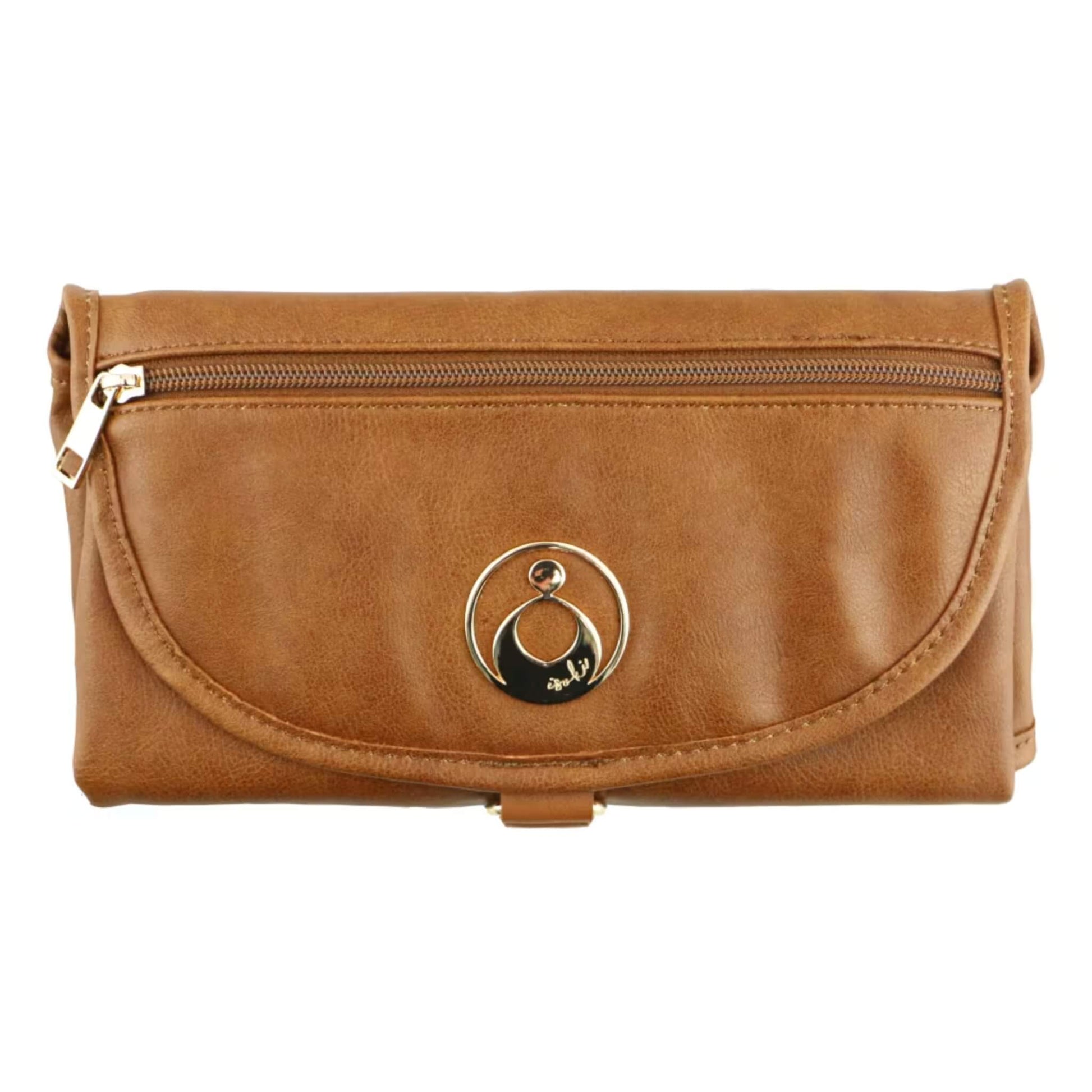 Isoki Change Mat Clutch in Amber, folded neatly with zip pocket and metal brand plate visible on the front.