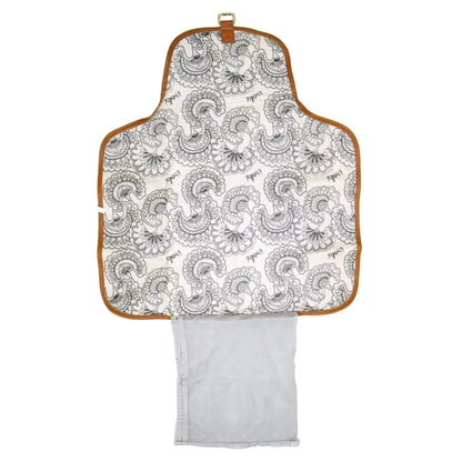 Open change mat clutch showing the patterned padded mat, mesh pocket for nappies and wipes, and storage section for essentials.