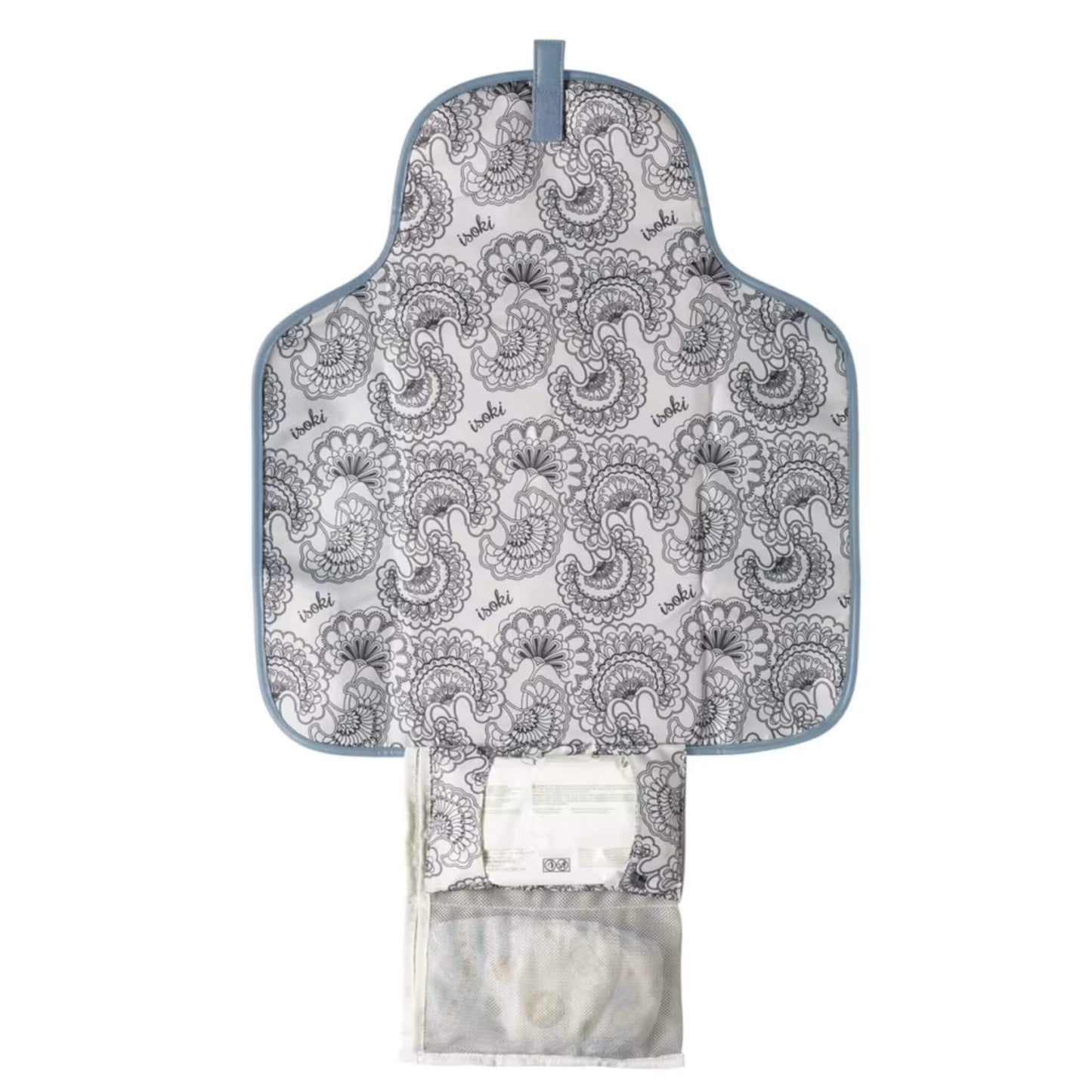 Open change mat clutch showing the patterned padded mat, mesh pocket for nappies and wipes, and storage section for essentials.