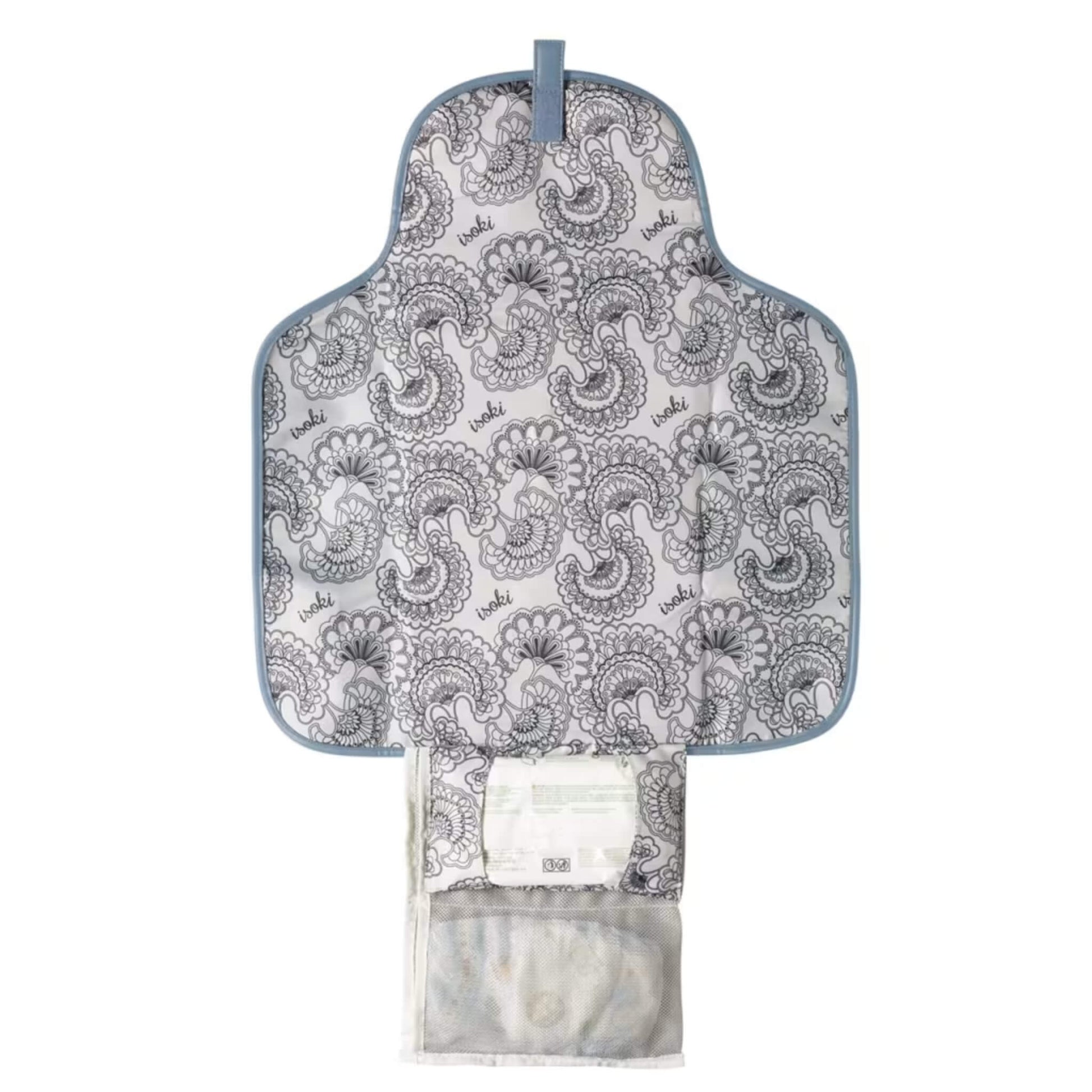 Open change mat clutch showing the patterned padded mat, mesh pocket for nappies and wipes, and storage section for essentials.
