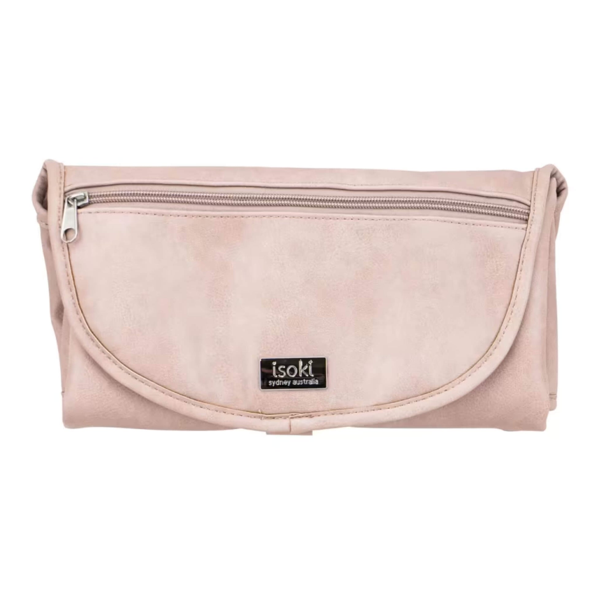 Isoki Change Mat Clutch in light pink, folded neatly with zip pocket and metal brand plate visible on the front.