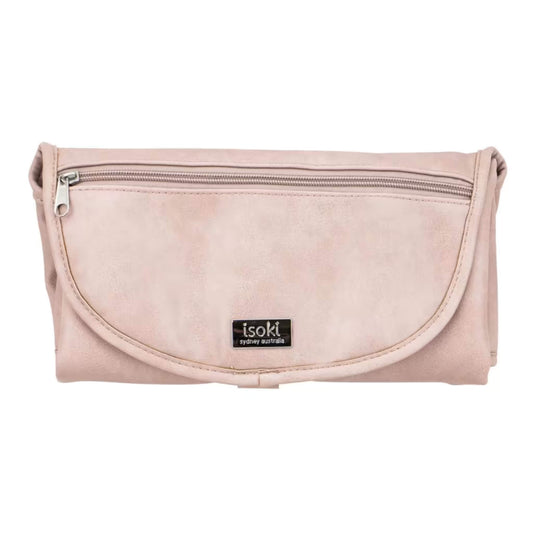 Isoki Change Mat Clutch in light pink, folded neatly with zip pocket and metal brand plate visible on the front.