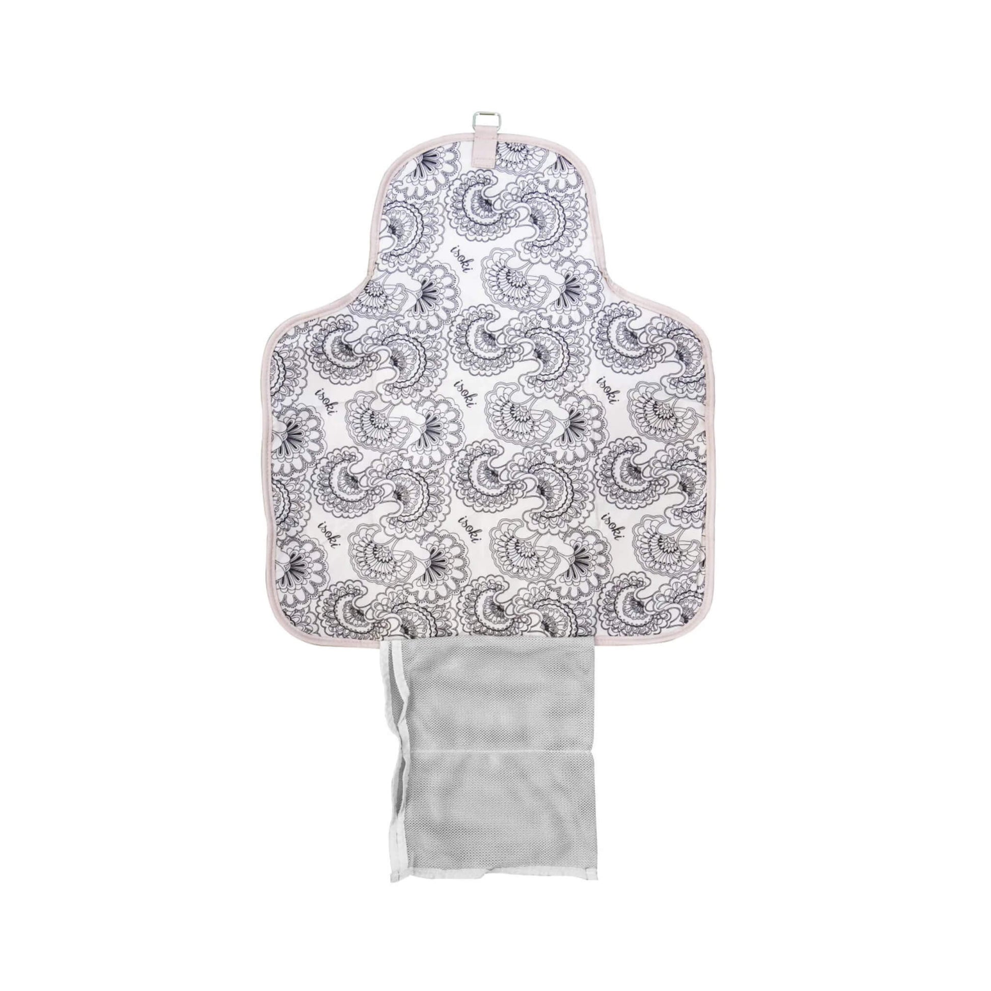 Open change mat clutch showing the patterned padded mat, mesh pocket for nappies and wipes, and storage section for essentials.