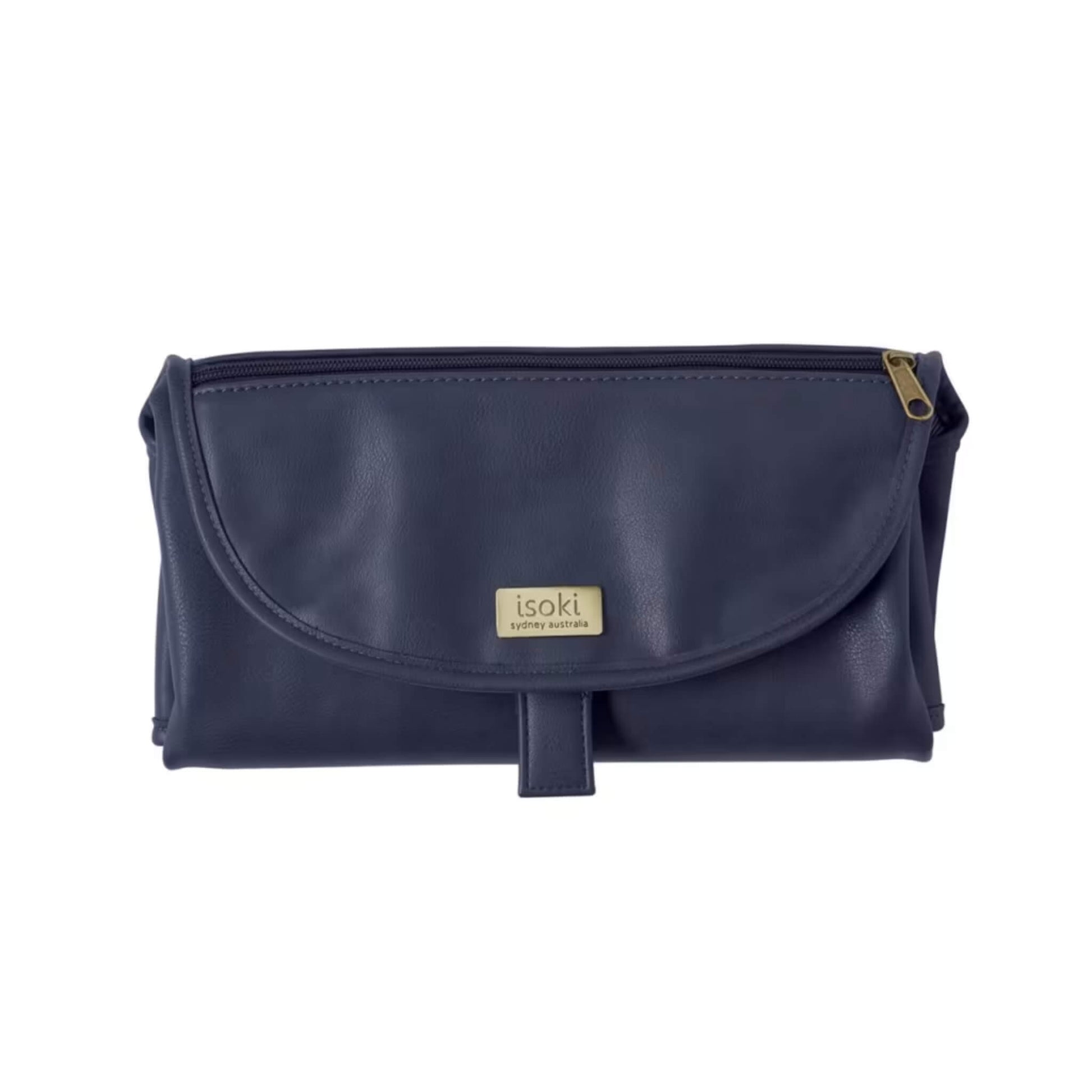 Isoki Change Mat Clutch in navy blue, folded neatly with zip pocket and metal brand plate visible on the front.