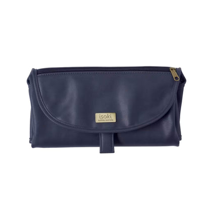 Isoki Change Mat Clutch in navy blue, folded neatly with zip pocket and metal brand plate visible on the front.