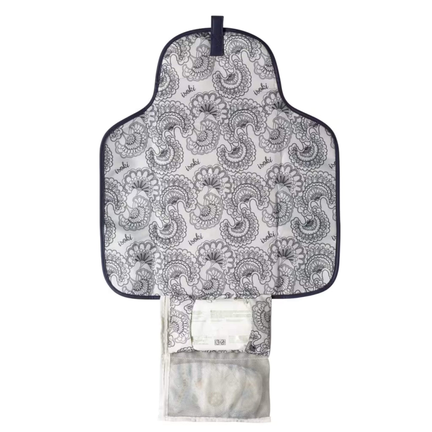 Open change mat clutch showing the patterned padded mat, mesh pocket for nappies and wipes, and storage section for essentials.