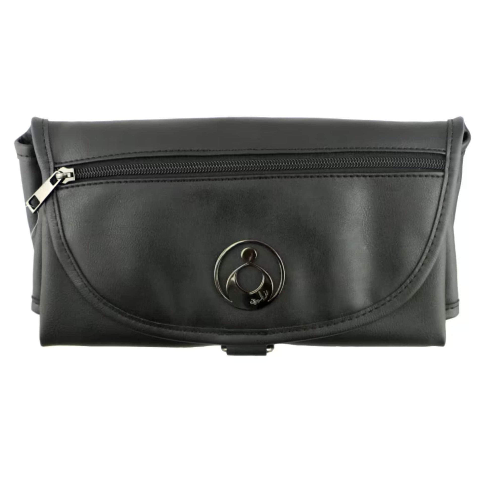 Isoki Change Mat Clutch in Onyx Black, folded neatly with zip pocket and metal brand plate visible on the front.