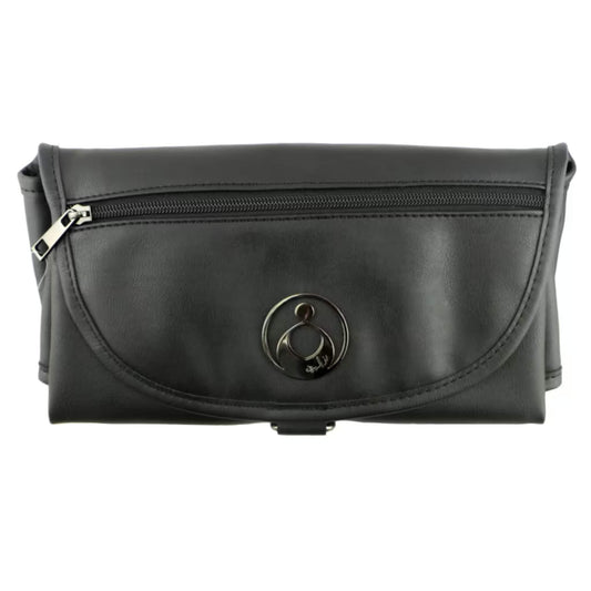 Isoki Change Mat Clutch in Onyx Black, folded neatly with zip pocket and metal brand plate visible on the front.