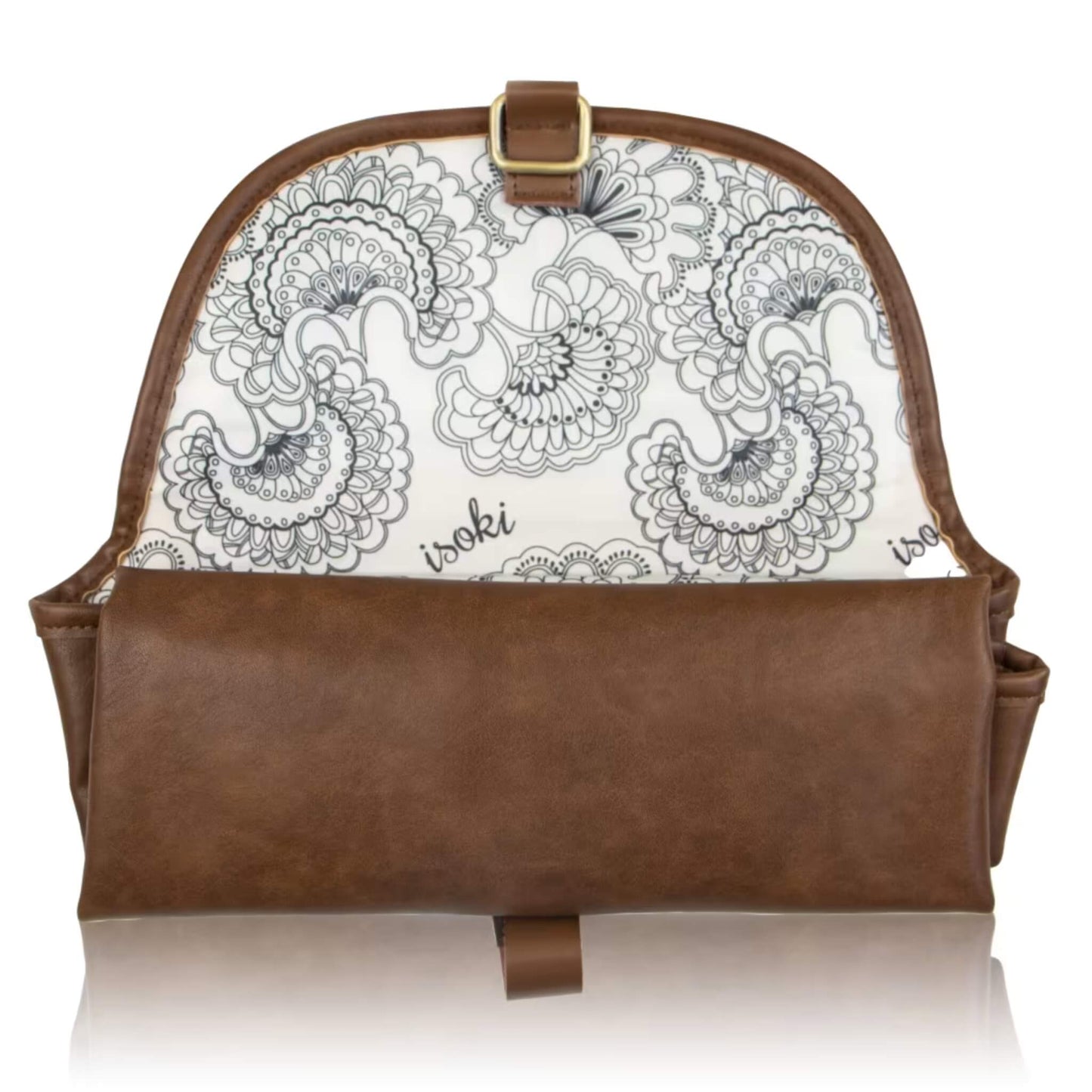 Partially open redwood chestnut change mat clutch showing interior patterned lining and buckle fastening detail.