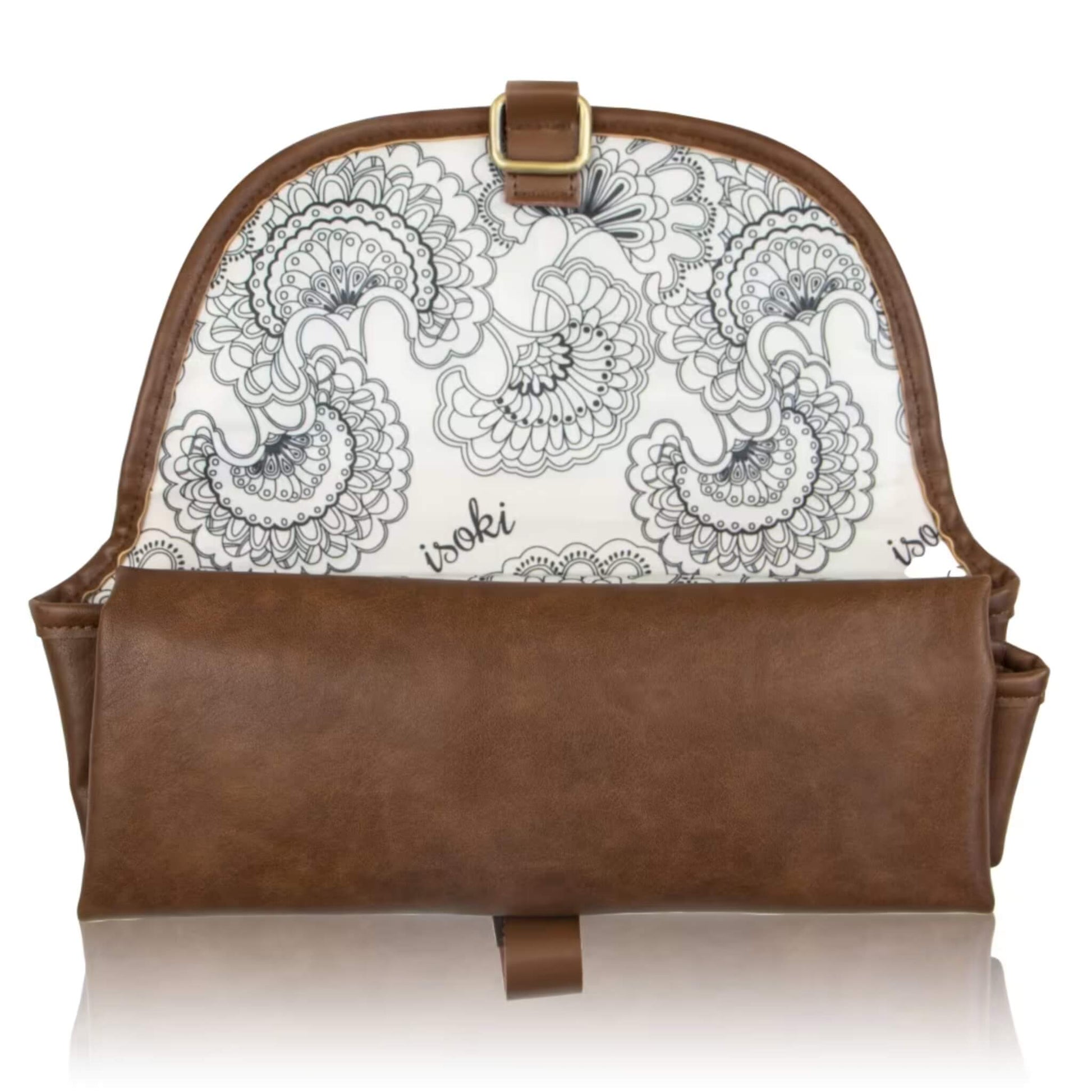 Partially open redwood chestnut change mat clutch showing interior patterned lining and buckle fastening detail.