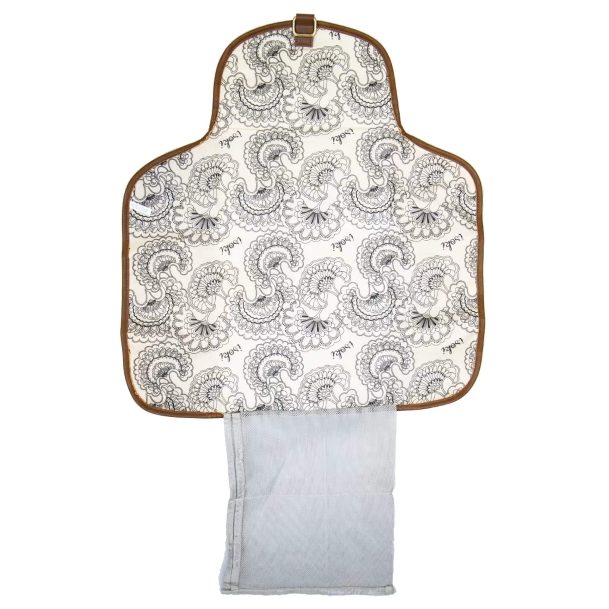 Fully opened change mat clutch revealing large padded mat with monochrome floral pattern and mesh pocket for nappies and wipes.