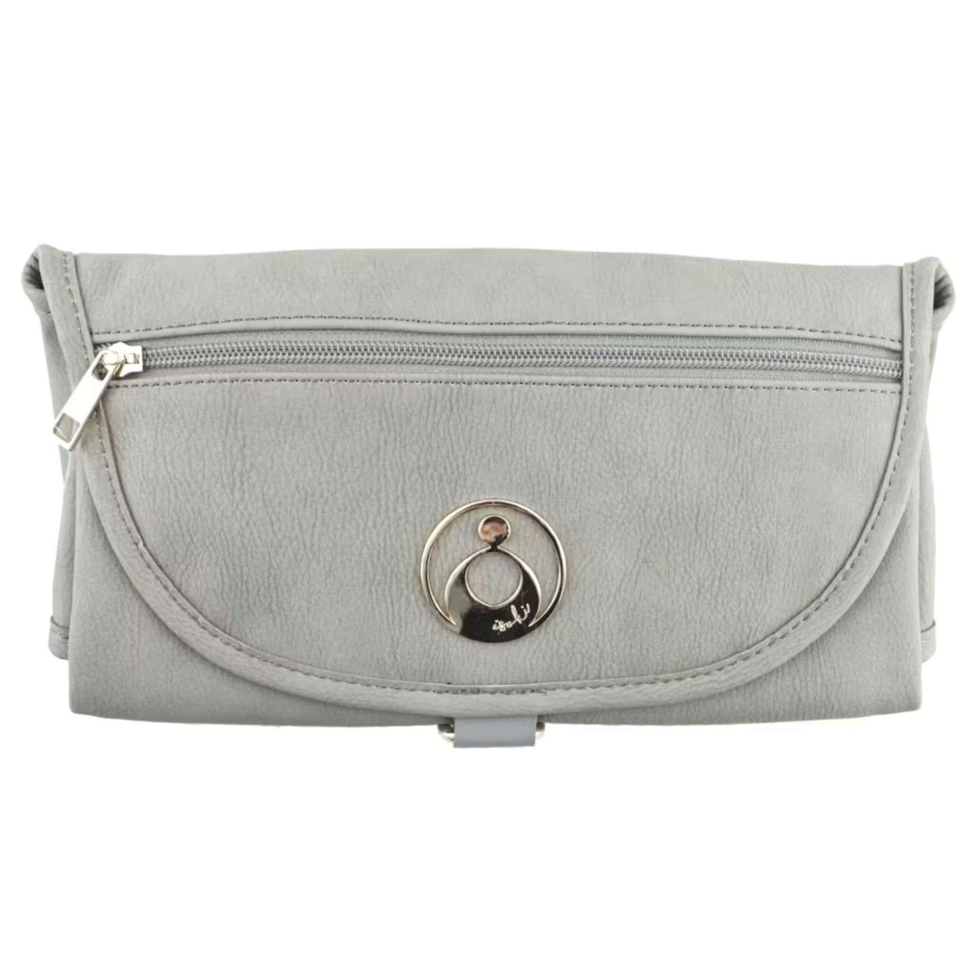 Isoki Change Mat Clutch in stone gret, folded neatly with zip pocket and metal brand plate visible on the front.