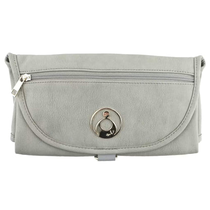 Isoki Change Mat Clutch in stone gret, folded neatly with zip pocket and metal brand plate visible on the front.