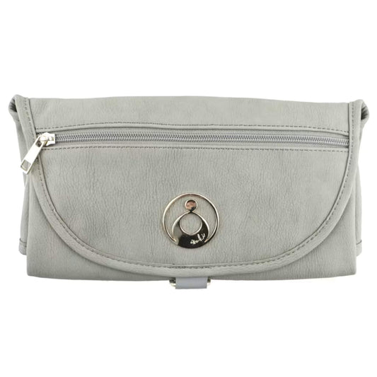 Isoki Change Mat Clutch in stone gret, folded neatly with zip pocket and metal brand plate visible on the front.