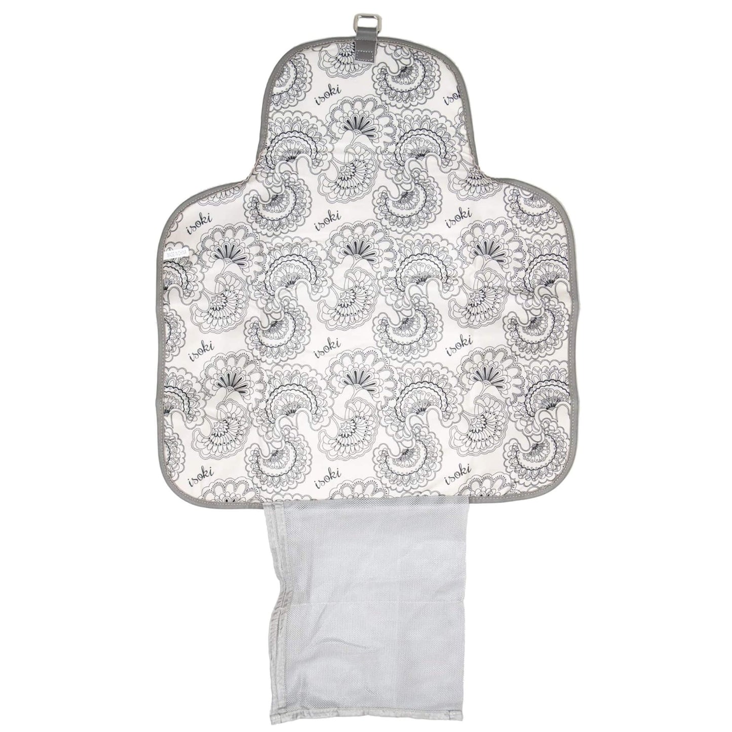 Open change mat clutch showing the patterned padded mat, mesh pocket for nappies and wipes, and storage section for essentials.