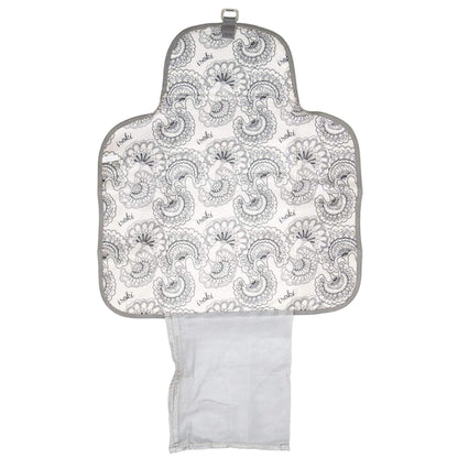 Open change mat clutch showing the patterned padded mat, mesh pocket for nappies and wipes, and storage section for essentials.