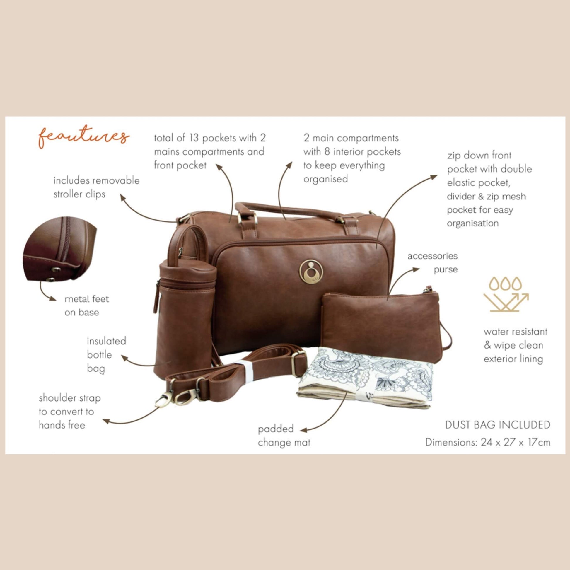 Feature layout image highlighting a  Nappy Changing Bag with labelled accessories, key details, and dimensions.