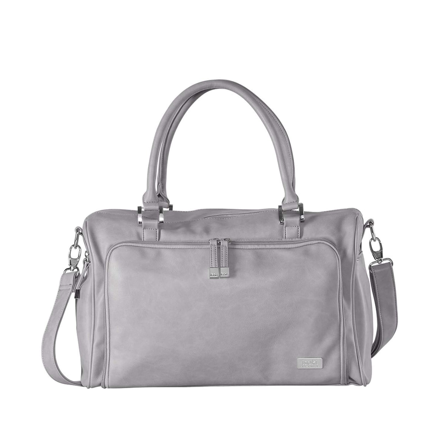 Isoki Double Zip Satchel Changing Bag in Portsea grey, featuring dual handles, silver hardware, and a detachable shoulder strap.