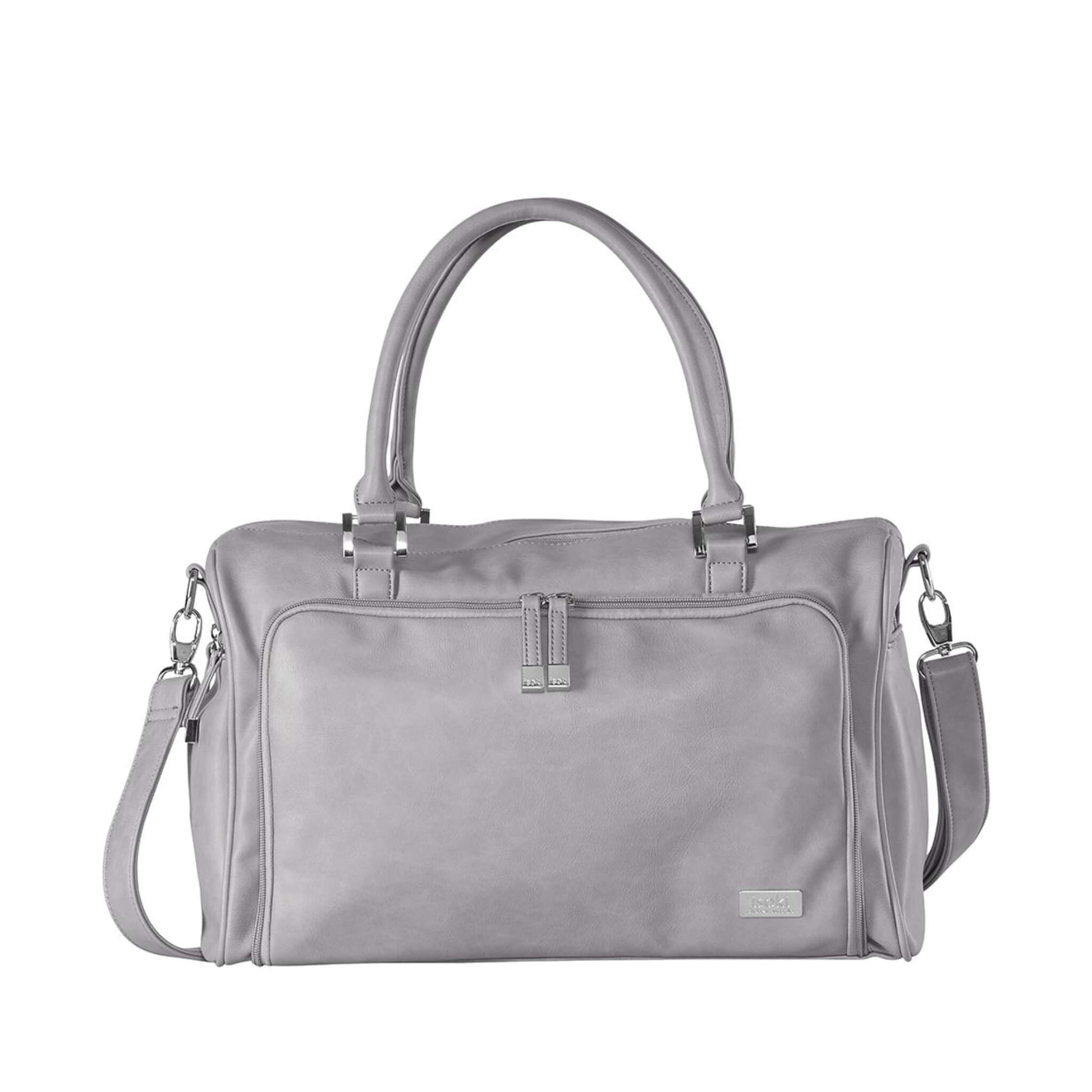 Isoki Double Zip Satchel Changing Bag in Portsea grey, featuring dual handles, silver hardware, and a detachable shoulder strap.