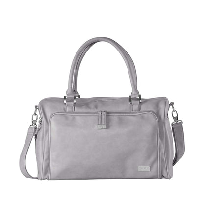 Isoki Double Zip Satchel Changing Bag in Portsea grey, featuring dual handles, silver hardware, and a detachable shoulder strap.