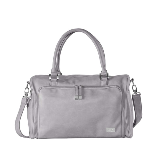 Isoki Double Zip Satchel Changing Bag in Portsea grey, featuring dual handles, silver hardware, and a detachable shoulder strap.