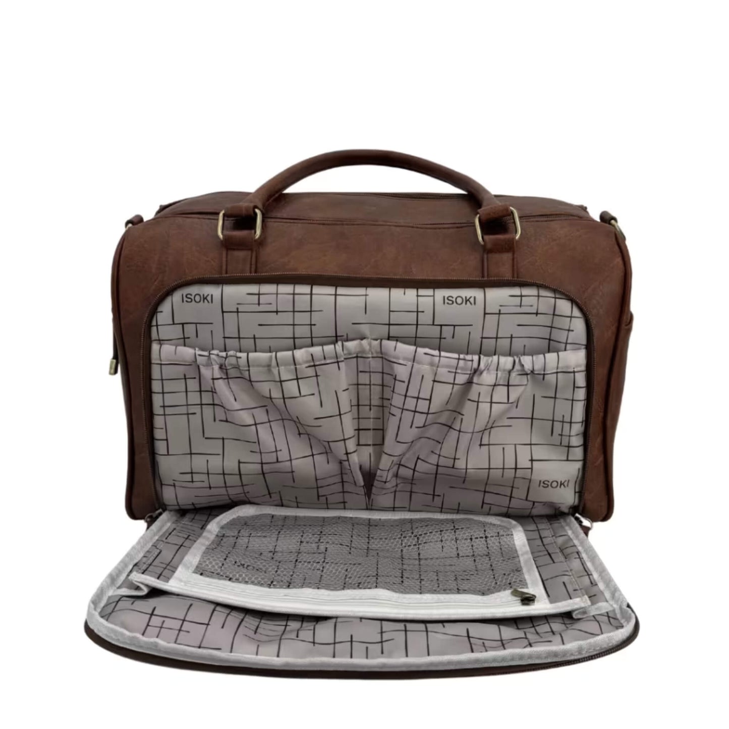 Open front compartment of a nappy changing bag showing internal pockets, mesh divider, and Isoki logo lining.