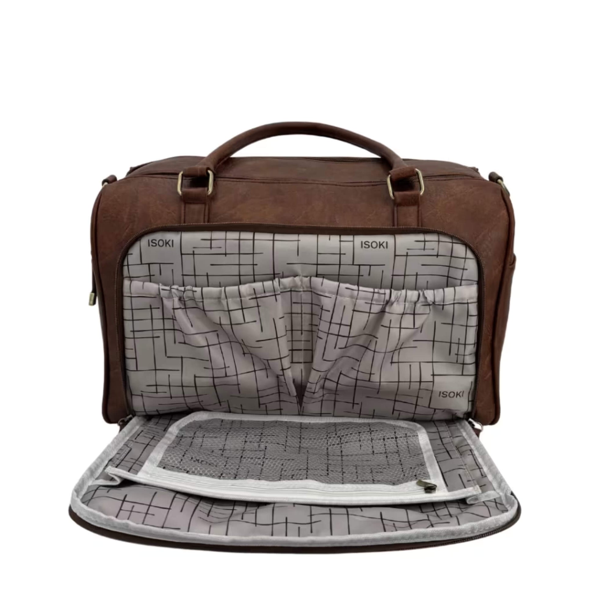 Open front compartment of a nappy changing bag showing internal pockets, mesh divider, and Isoki logo lining.