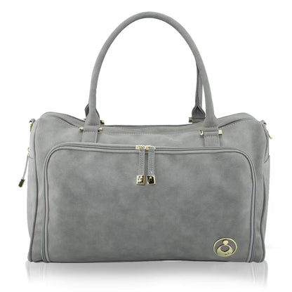 Isoki Double Zip Satchel Changing Bag in Stone grey, featuring structured design, gold hardware, and double top handles.