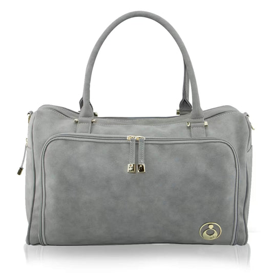 Isoki Double Zip Satchel Changing Bag in Stone grey, featuring structured design, gold hardware, and double top handles.