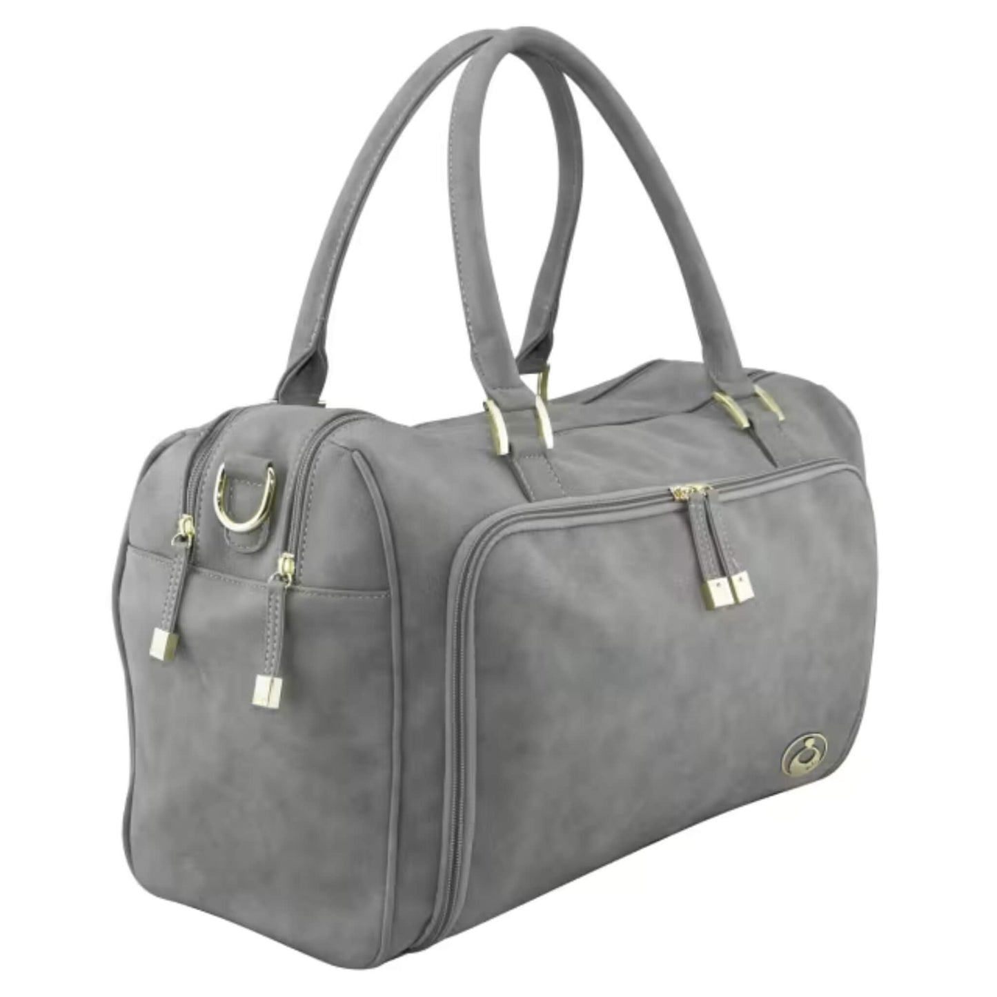 Side view of a grey faux leather changing bag showing dual zips, curved seams, and sturdy carry handles.