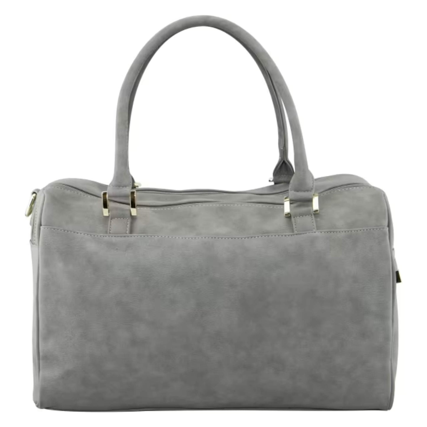 Back view of a grey changing bag with smooth finish, gold hardware, and concealed rear pocket.