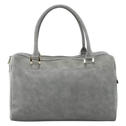 Back view of a grey changing bag with smooth finish, gold hardware, and concealed rear pocket.