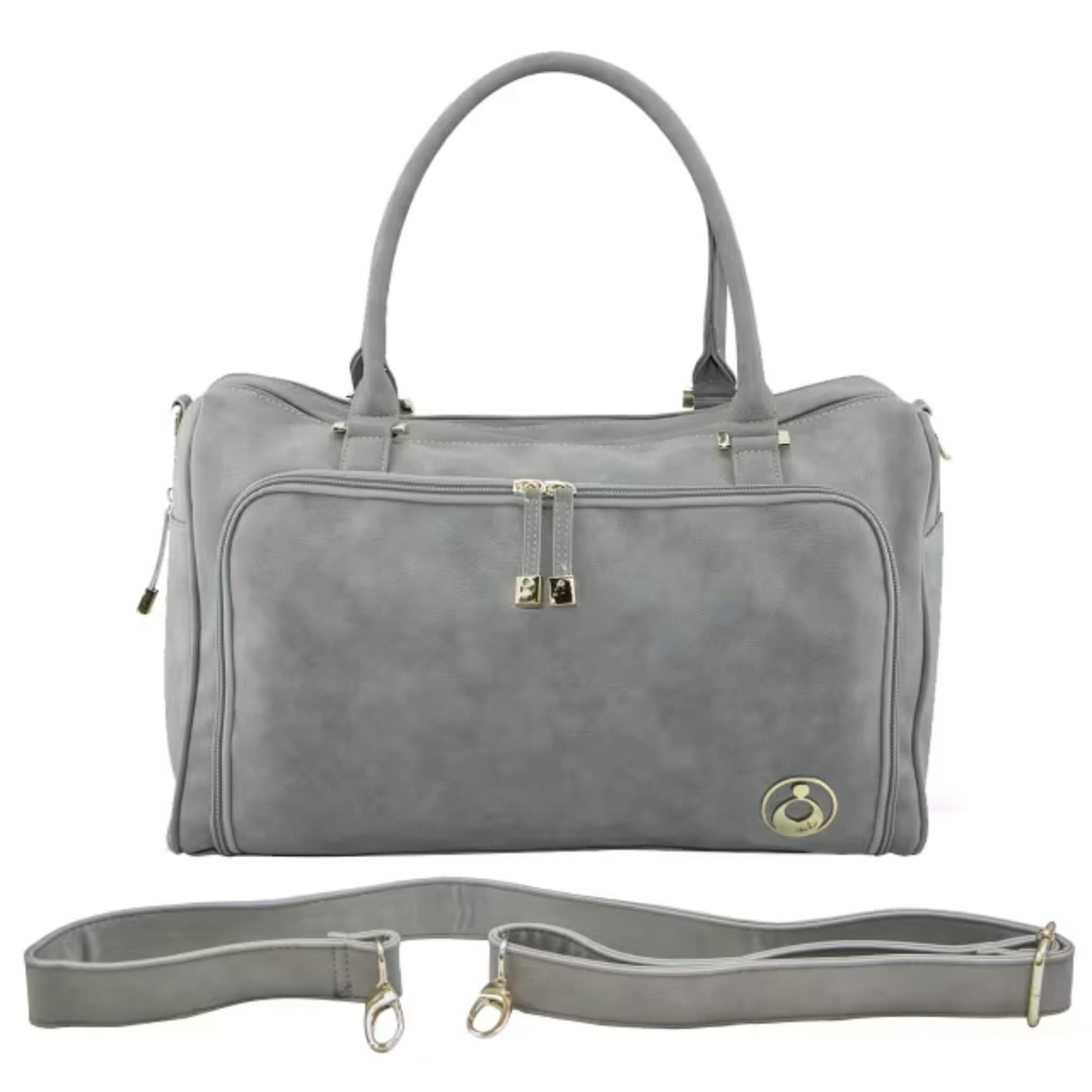 Grey changing bag displayed with detachable shoulder strap placed in front, showing full bag shape and hardware detail.