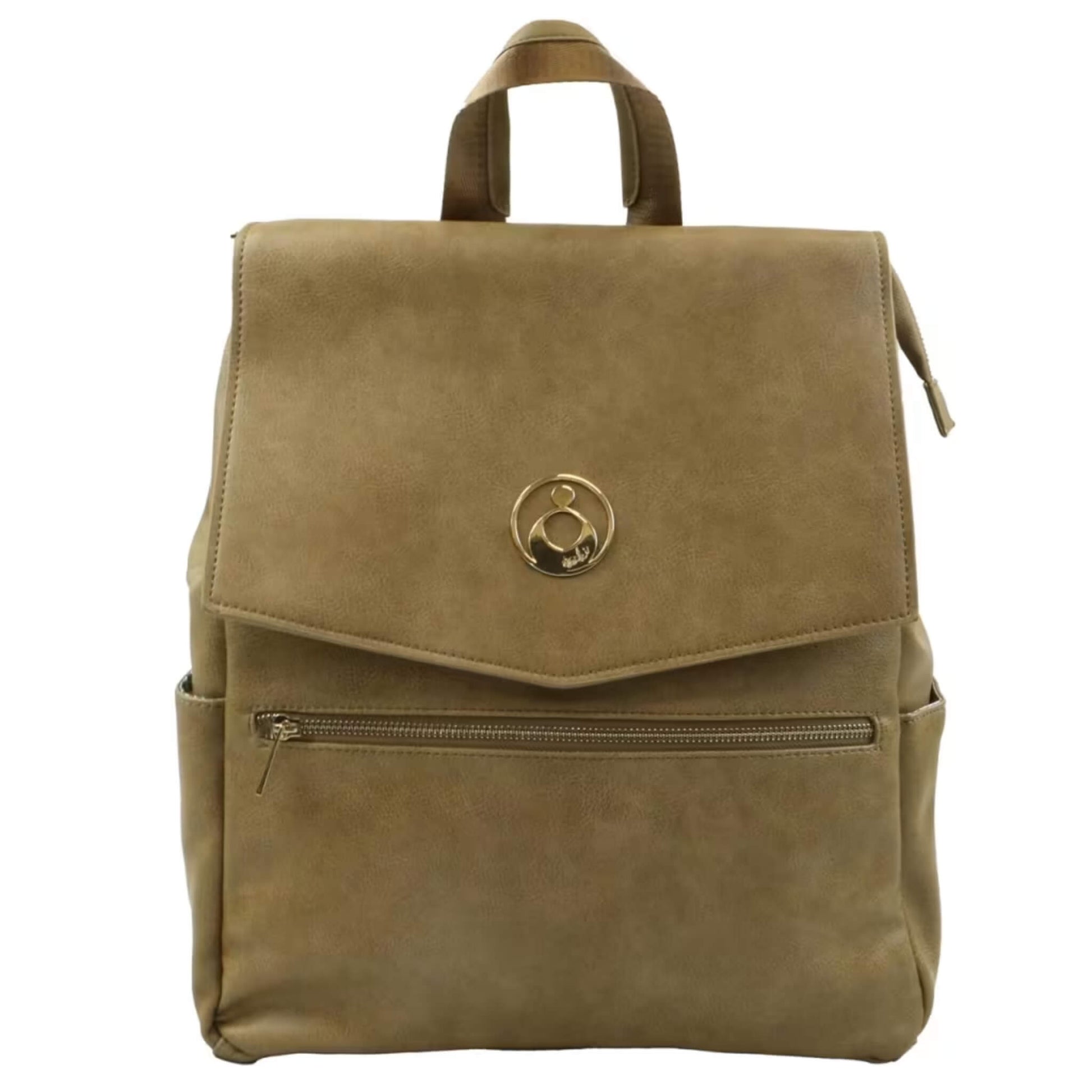 Isoki Hartley Backpack Nappy Changing Bag in Latte with gold-tone hardware, front zip pocket, and soft leather-look finish.