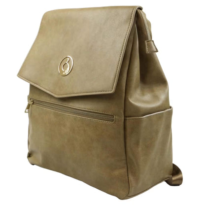 Side angle of a tan leather-look backpack showing zip closure, front pocket, and side slip compartment for easy storage.